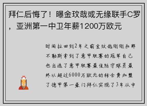 拜仁后悔了!曝金玟哉或无缘联手C罗,亚洲第一中卫年薪1200万欧元 拜仁后悔了!曝金玟哉或无缘联手C罗,亚洲第一中卫年薪1200万欧元